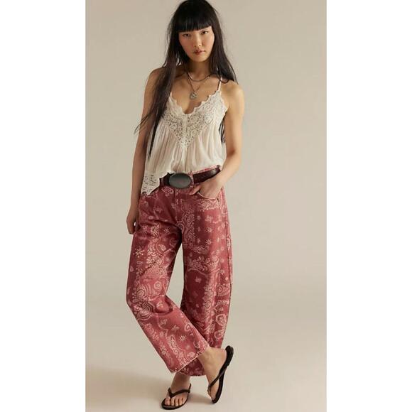 Free People Denim - FREE PEOPLE We The Free Good Luck Printed Barrel Jeans Sz 31 Bandana Block NEW